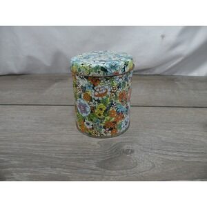 Vintage Floral Pattern Metal Tin Canister Storage Box Container Colorful 4.75"